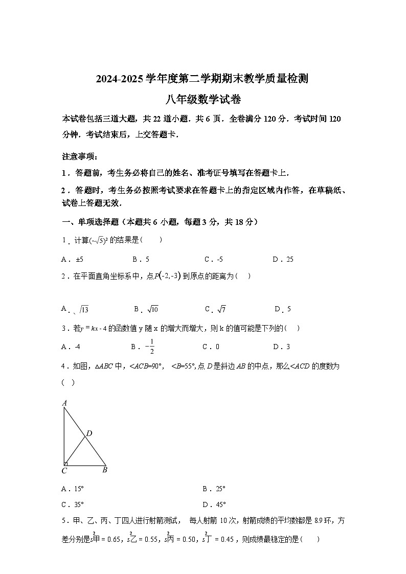 2024-2025学年吉林省吉林市永吉县八年级下学期期末数学检测试卷第1页