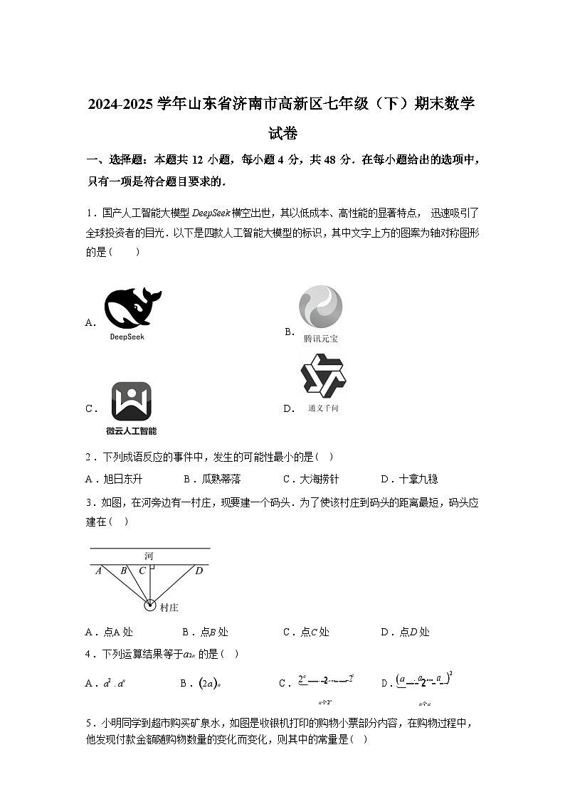 2024-2025学年山东省济南市高新区七年级下学期期末数学检测试卷第1页