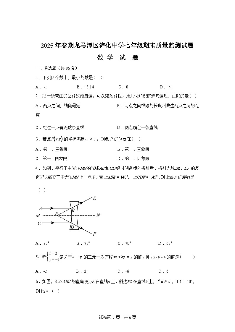 2024-2025学年四川省泸州市龙马潭区泸化中学七年级下学期6月期末考试数学检测试卷第1页
