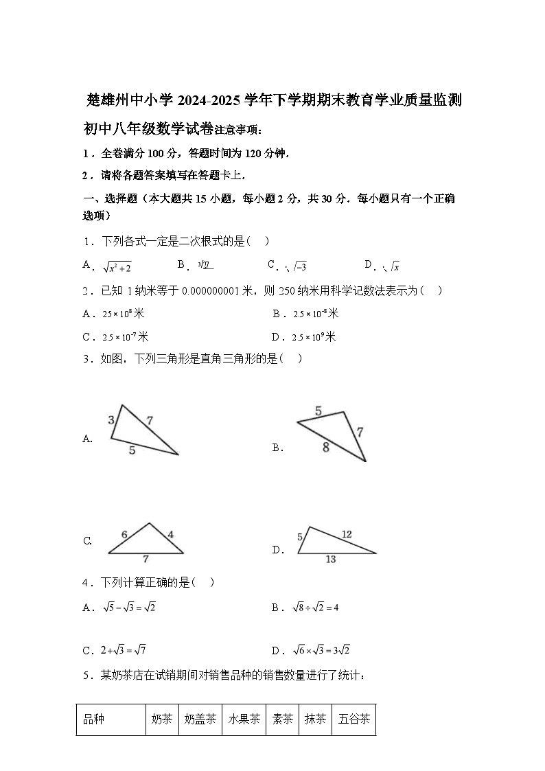 2024-2025学年云南省楚雄彝族自治州八年级下学期7月期末数学检测试卷第1页