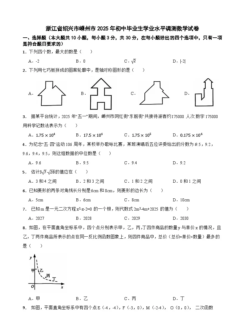 浙江省绍兴市嵊州市2025年初中毕业生学业水平调测数学试卷第1页