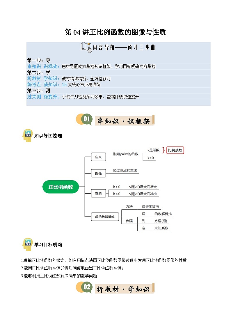 八年级沪科版数学上册预习  第04讲 正比例函数的图像与性质（3知识点+15考点+过关检测）第1页