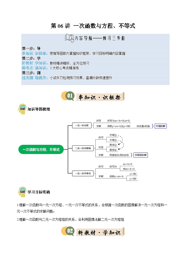 八年级沪科版数学上册预习  第06讲 一次函数与方程、不等式（3知识点+9考点+过关检测）第1页