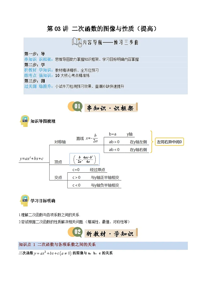 九年级沪科版数学上册预习 第03讲 二次函数的图像与性质（提高）（5知识点+10考点+过关检测）第1页