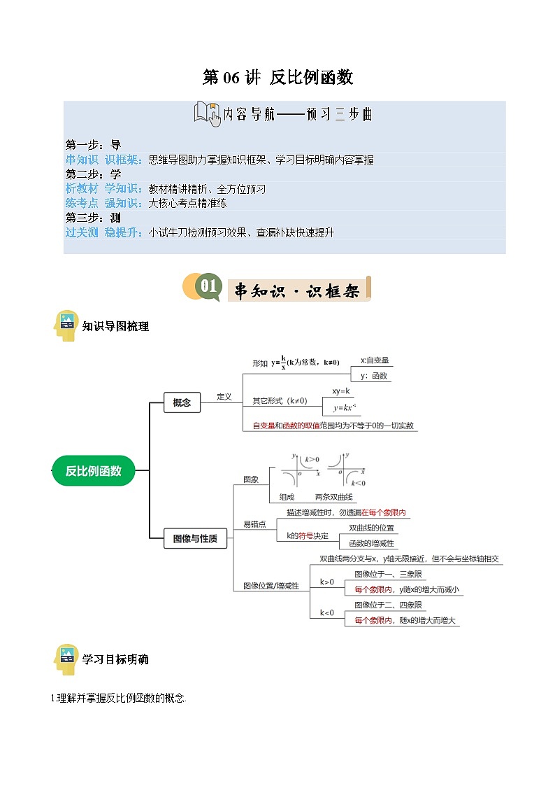 九年级沪科版数学上册预习  第06讲 反比例函数的图像与性质（4知识点+13考点+过关检测）第1页