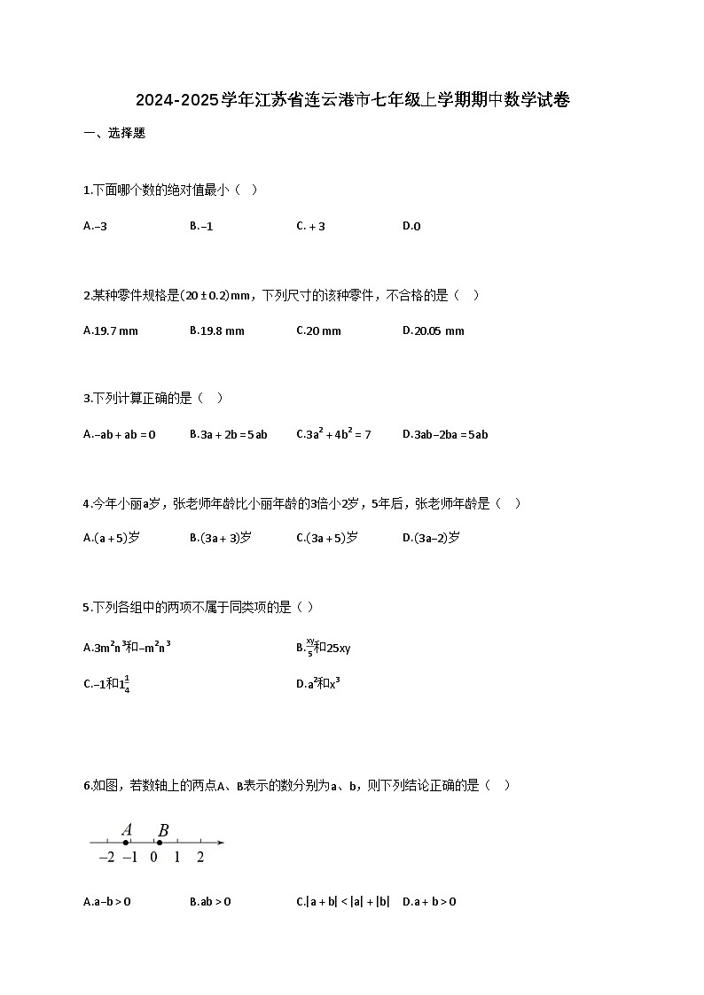 2024—2025学年_江苏连云港七年级上学期期中数学试卷[附解析]第1页