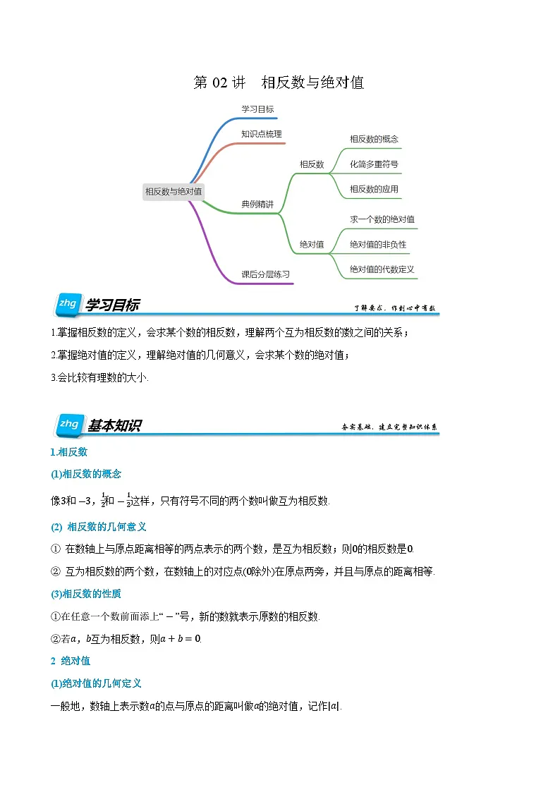 第02讲 相反数与绝对值 2024年新七年级暑假数学预习课（人教版）（解析版）第1页