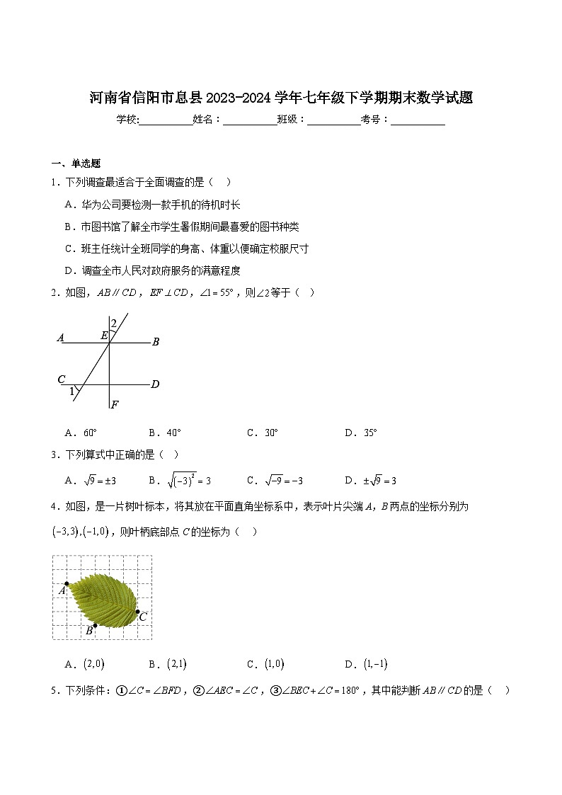 河南省信阳市息县2023-2024学年七年级下学期6月期末考试数学试卷(含解析)第1页