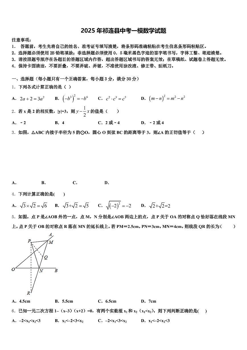 2025年祁连县中考一模数学试题含解析第1页