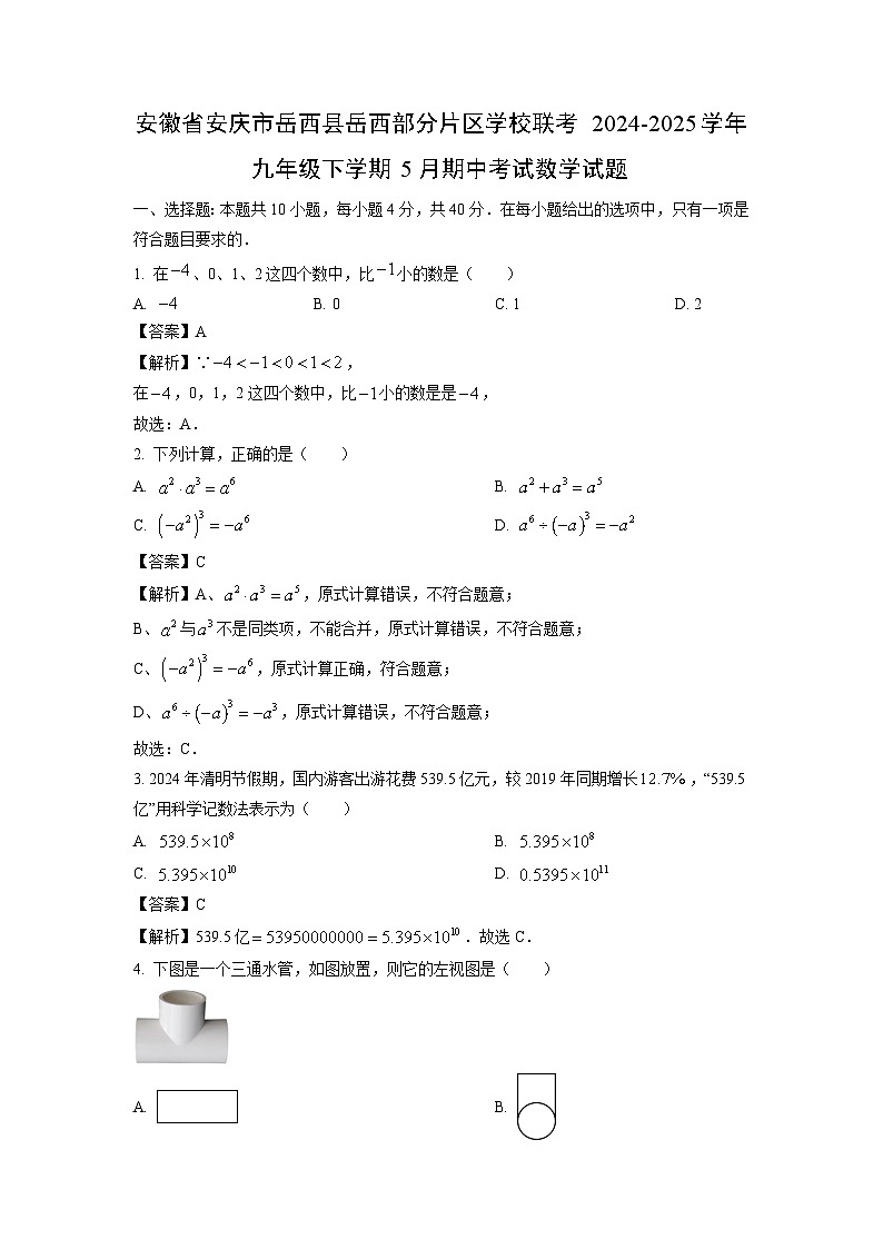 安徽省安庆市岳西县岳西部分片区学校联考2024-2025学年九年级下学期5月期中考试数学试卷（解析版）第1页