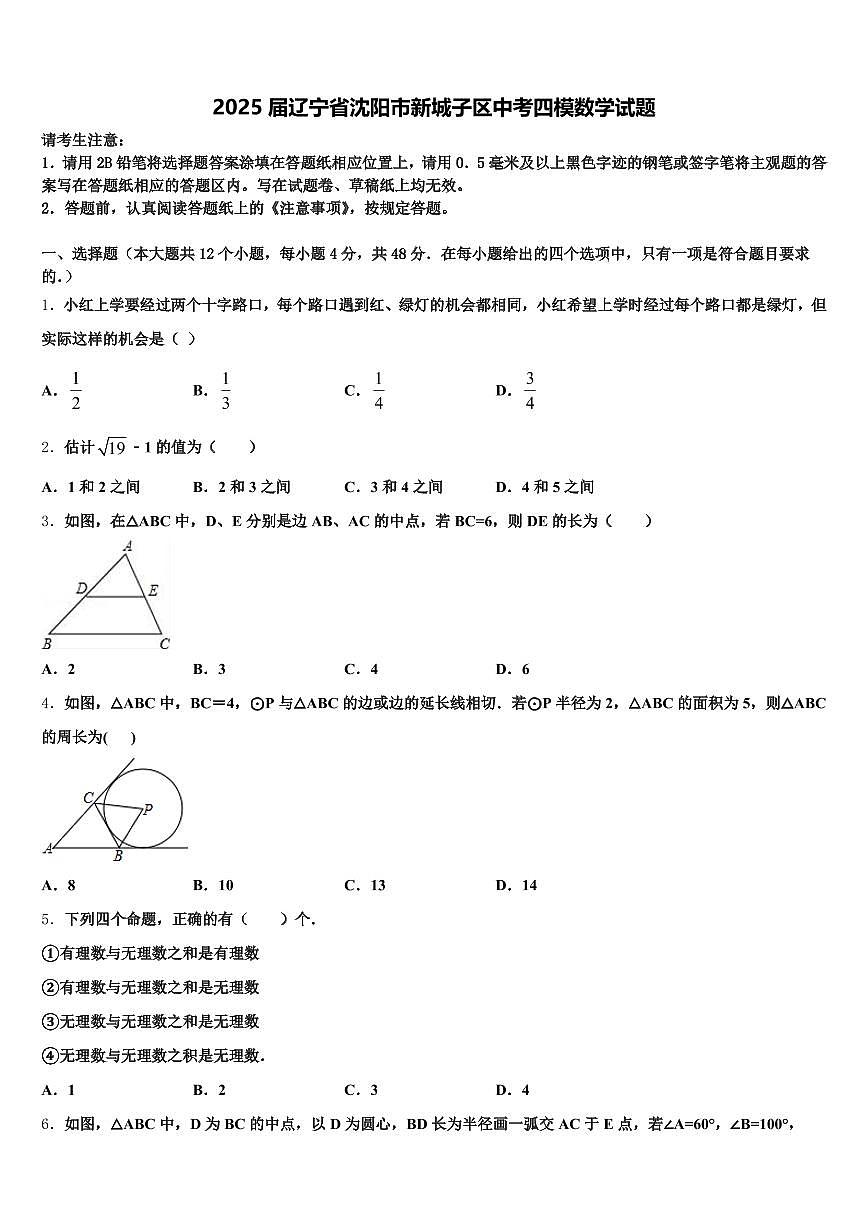 2025届辽宁省沈阳市新城子区中考四模数学试题含解析第1页