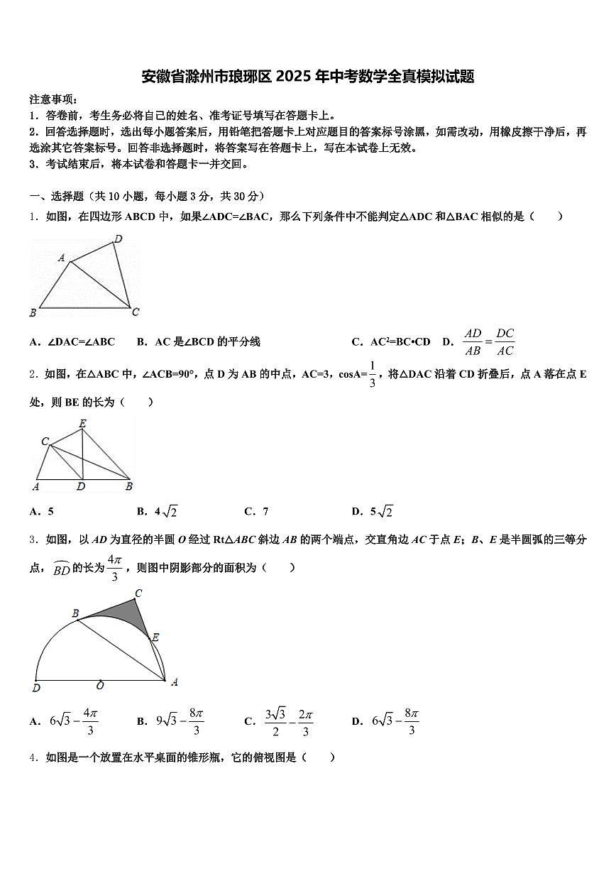 安徽省滁州市琅琊区2025年中考数学全真模拟试题含解析第1页