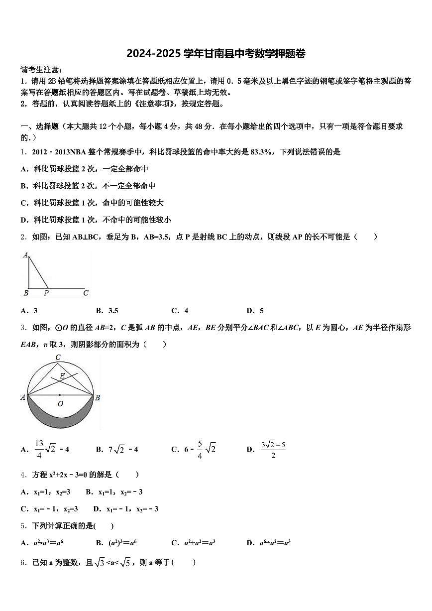 2024-2025学年甘南县中考数学押题卷含解析第1页