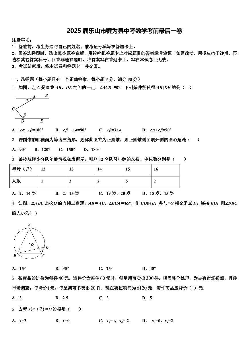 2025届乐山市犍为县中考数学考前最后一卷含解析第1页