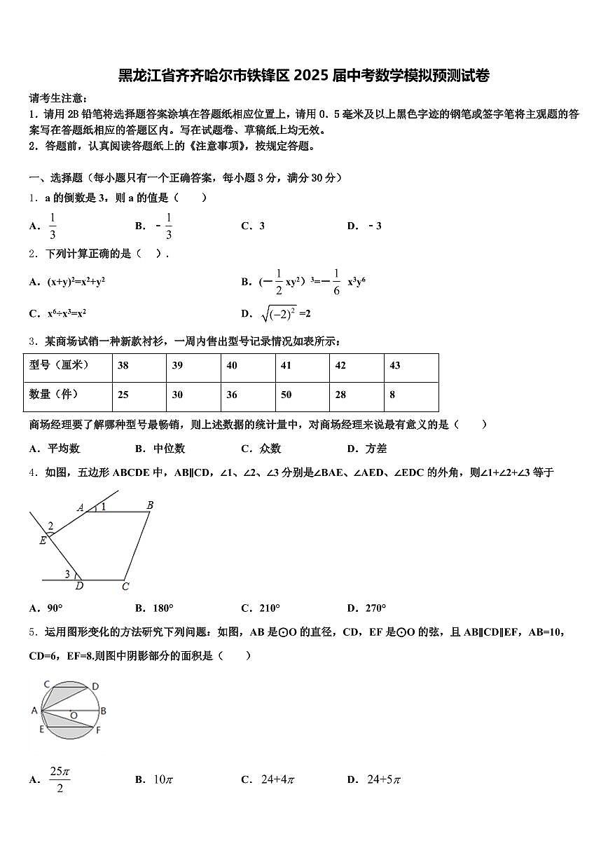 黑龙江省齐齐哈尔市铁锋区2025届中考数学模拟预测试卷含解析第1页