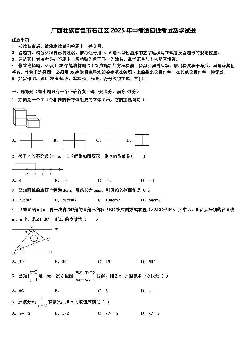 广西壮族百色市右江区2025年中考适应性考试数学试题含解析第1页