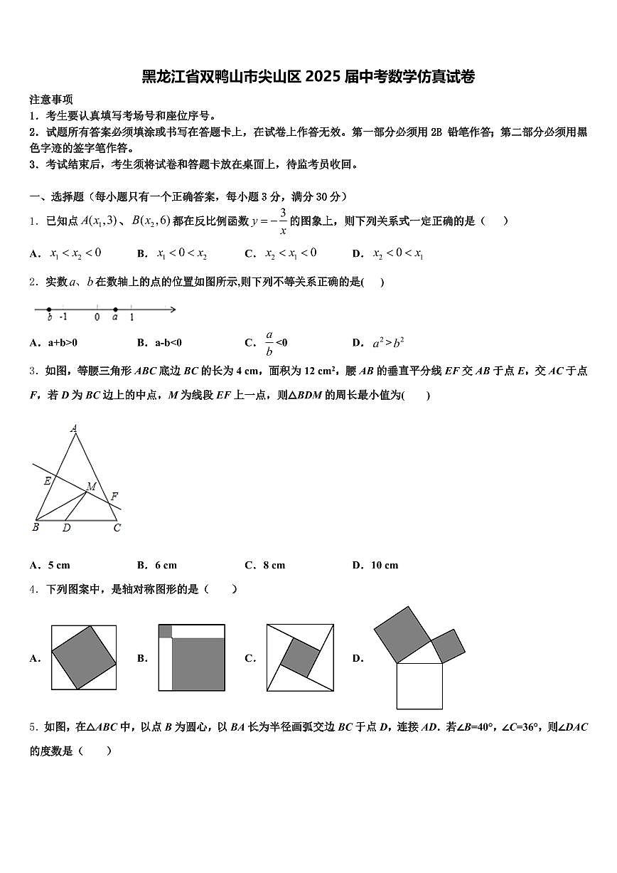 黑龙江省双鸭山市尖山区2025届中考数学仿真试卷含解析第1页