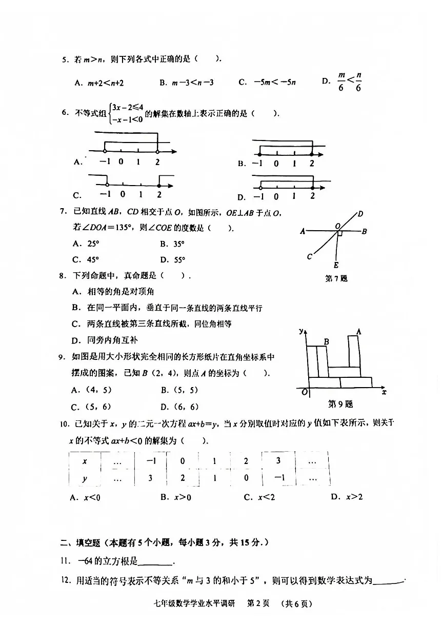 2025年天河区七年级下学期期末数学考试卷（含答案）第2页