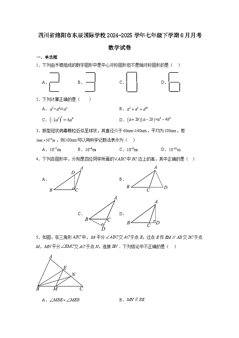 四川省绵阳市东辰国际学校2024-2025学年七年级下学期6月月考数学试卷第1页