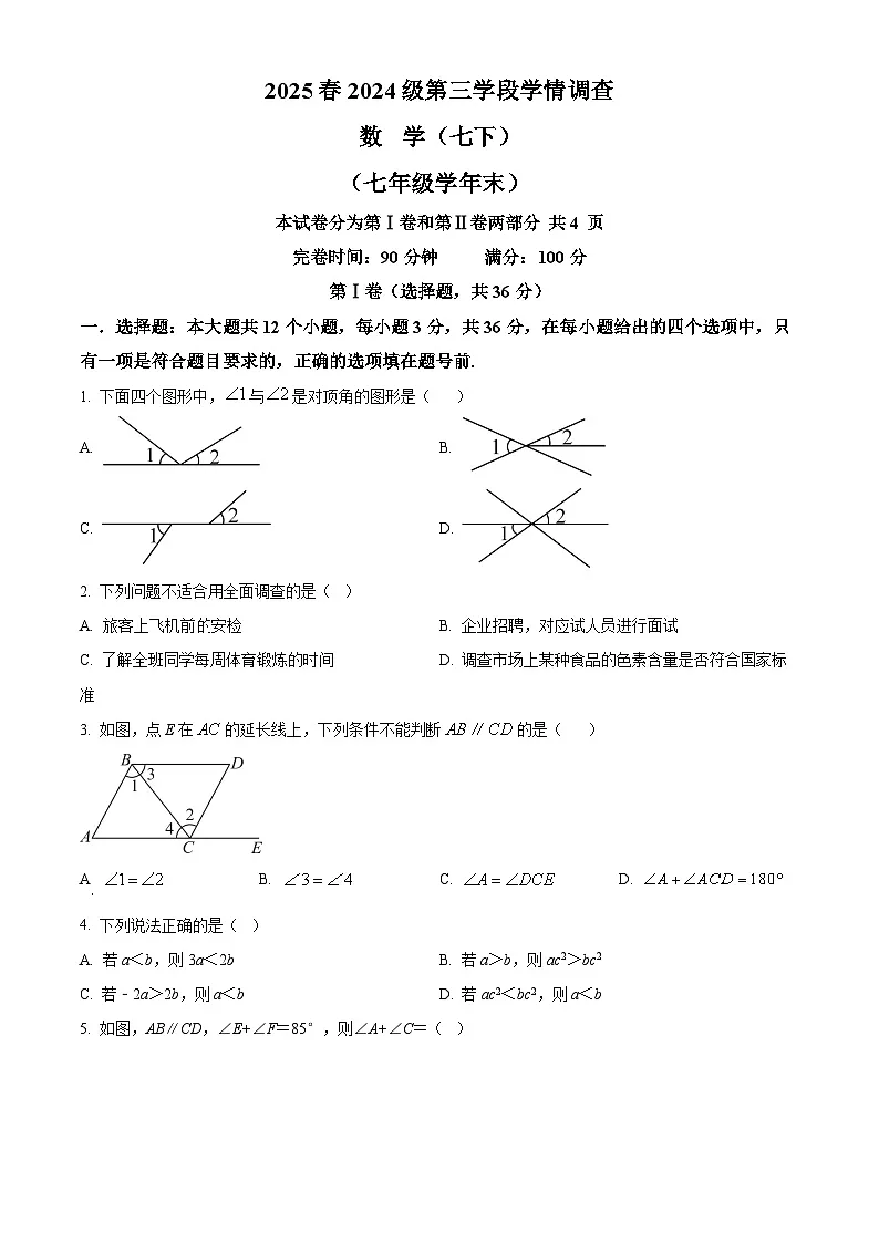 四川省绵阳市南山双语2024-2025学年下学期第三次月考七年级数学试卷(含参考答案）第1页