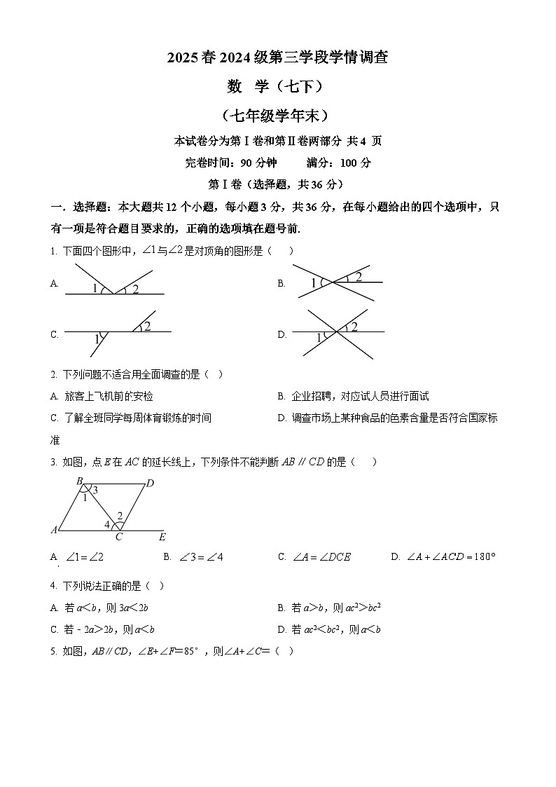 四川省绵阳市南山双语2024-2025学年下学期第三次月考七年级数学试卷(含参考答案）第1页