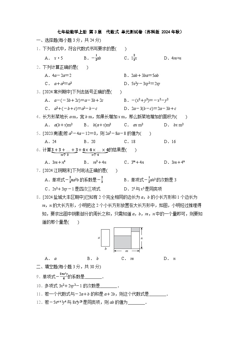 七年级数学上册 第3章　代数式 单元测试卷（苏科版 2024年秋）第1页