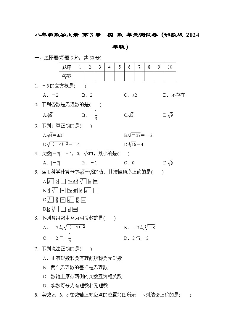八年级数学上册 第3章  实 数 单元测试卷（湘教版 2024年秋）第1页