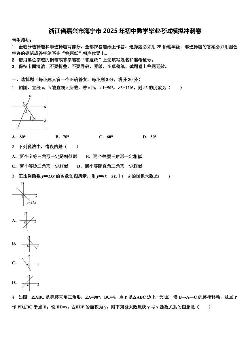 浙江省嘉兴市海宁市2025年初中数学毕业考试模拟冲刺卷含解析第1页