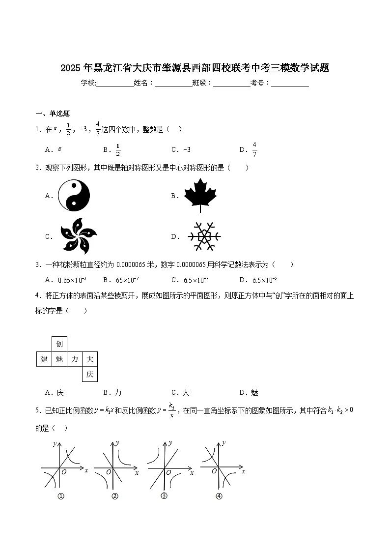 黑龙江省大庆市肇源县西部四校联考2025届九年级下学期中考三模数学试卷(含解析)第1页