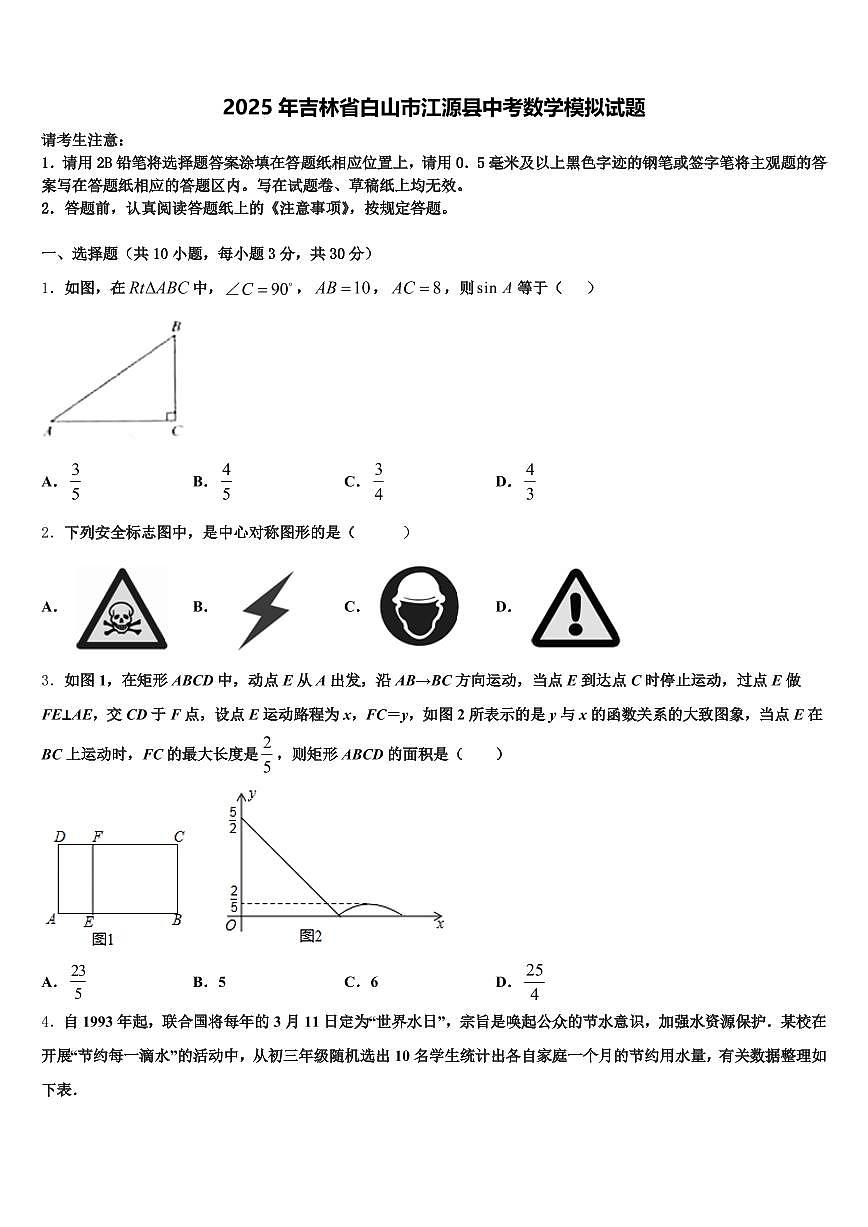 2025年吉林省白山市江源县中考数学模拟试题含解析第1页