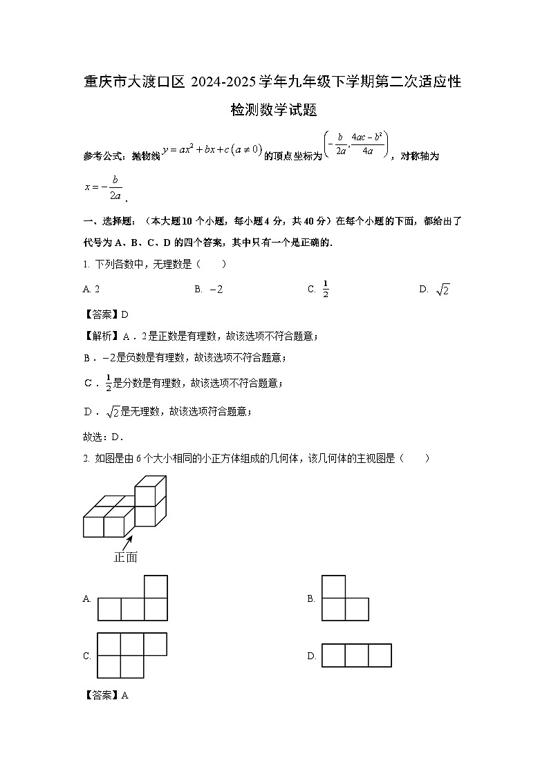 重庆市大渡口区2024-2025学年九年级下学期第二次适应性检测数学试卷（解析版）第1页