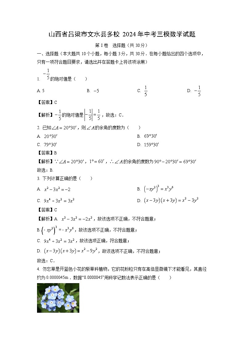 山西省吕梁市文水县多校2024年中考三模[中考模拟]数学试卷（解析版）第1页