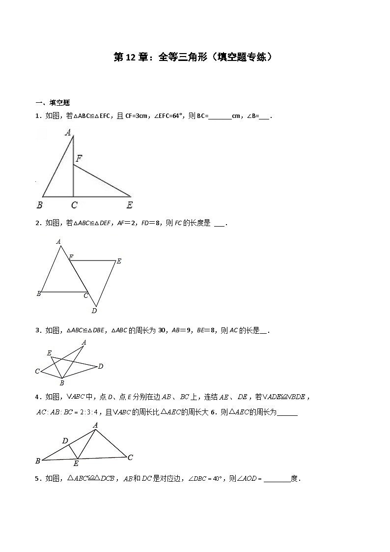 2024版人教版班级上册期末专项练习第12章：全等三角形（填空题专练）（原卷版）八年级数学人教版第1页