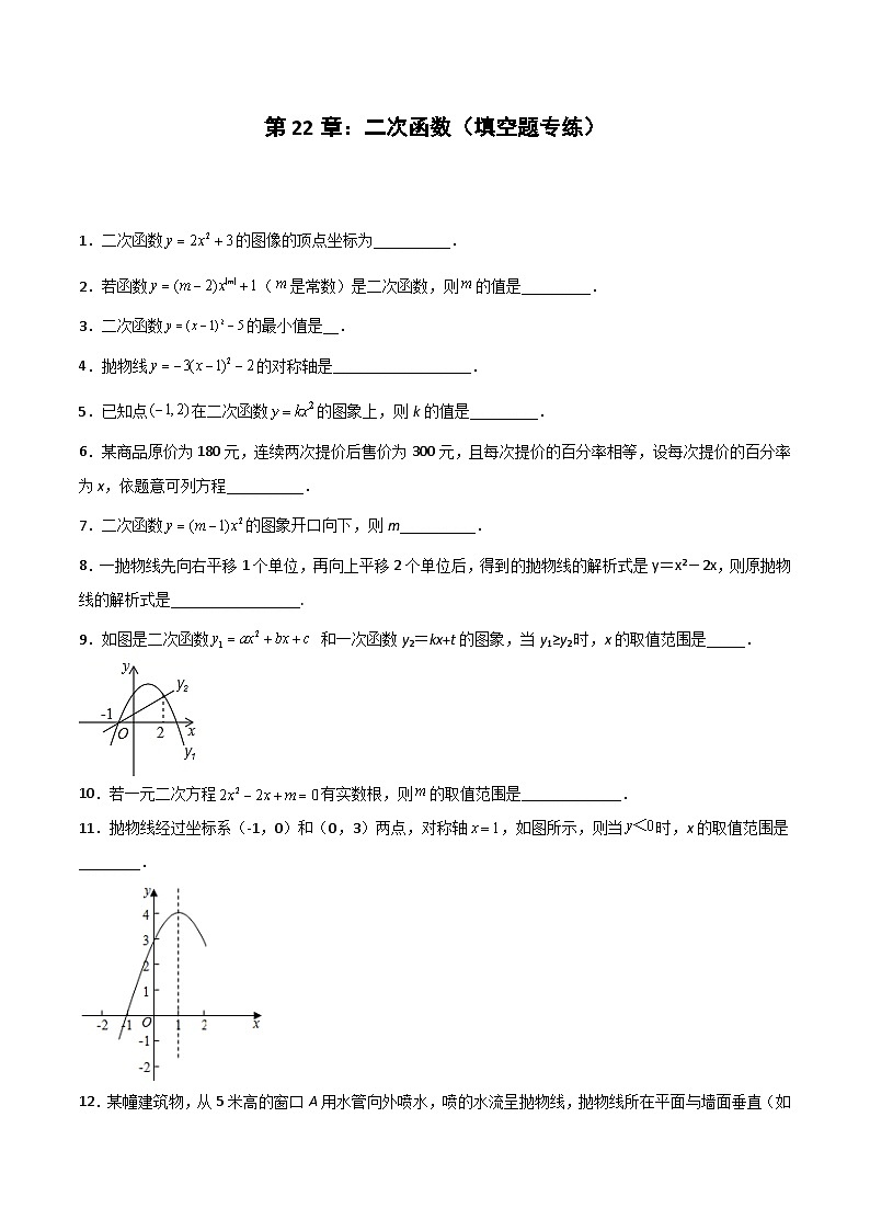 2024版人教版九年级上册期末专项练习第22章：二次函数（填空题专练）（原卷版）九年级数学人教版第1页