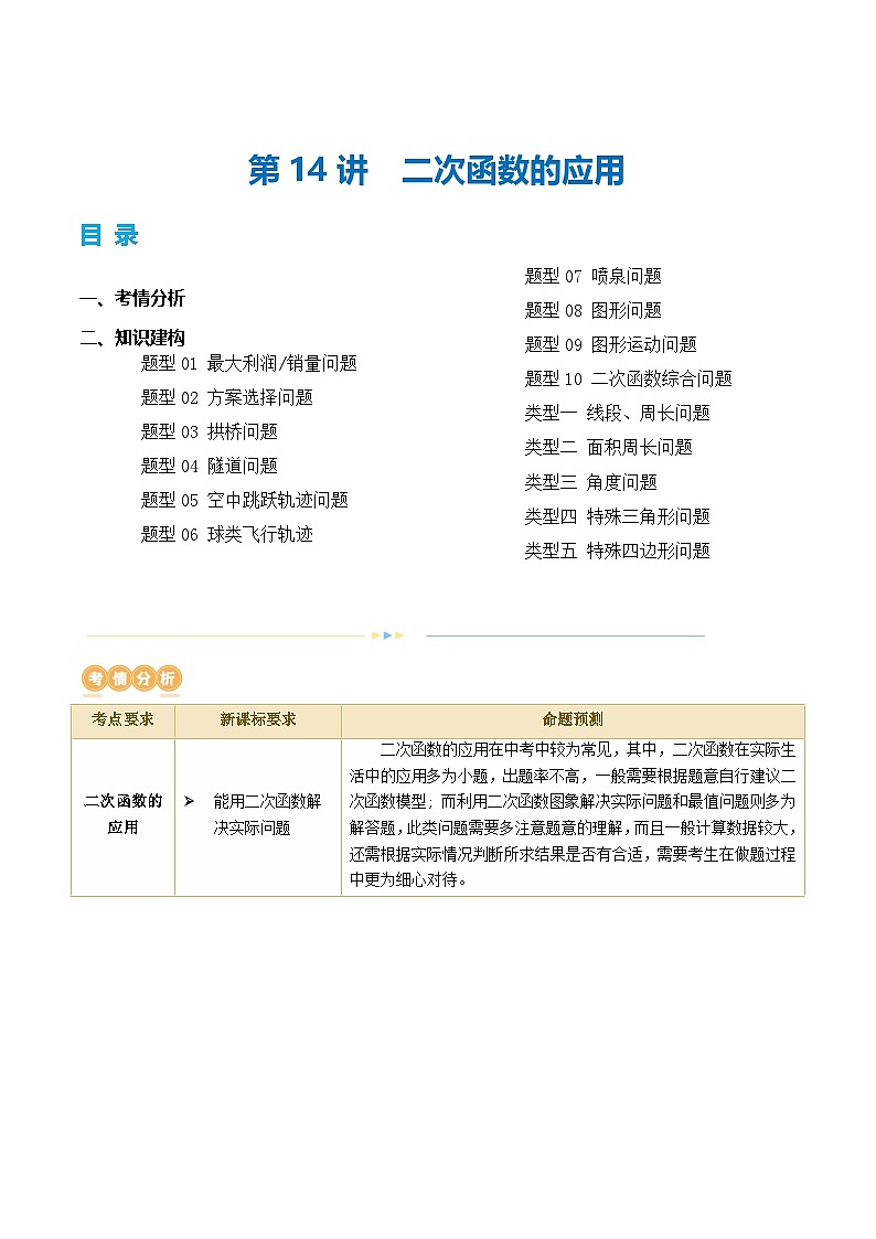 中考数学第一轮专项复习专题第14讲 二次函数的应用（讲义）（原卷版）第1页