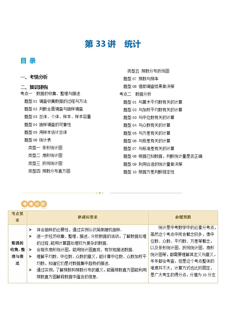中考数学第一轮专项复习专题第33讲 统计（讲义）（原卷版）第1页