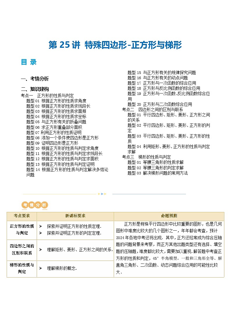 中考数学第一轮专项复习专题第25讲 特殊四边形-正方形与梯形（讲义）（解析版）第1页