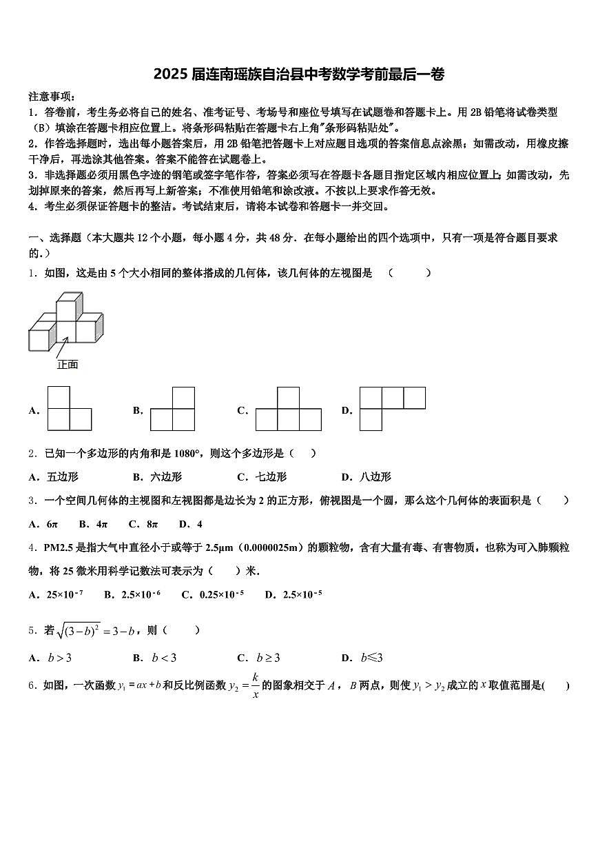 2025届连南瑶族自治县中考数学考前最后一卷含解析第1页