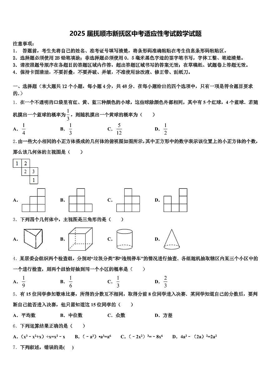 2025届抚顺市新抚区中考适应性考试数学试题含解析第1页