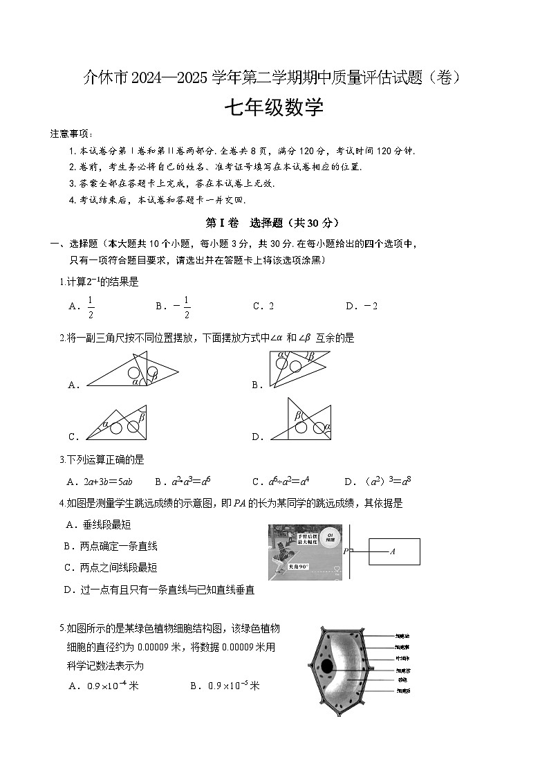 山西省晋中市介休市2024-2025学年七年级下学期期中考试数学试卷第1页