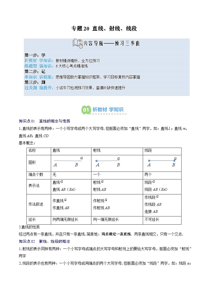 专题20 直线、射线、线段（2知识点+6大题型+思维导图+过关测）（解析版）第1页