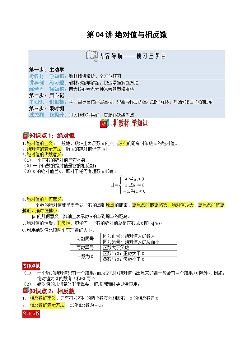 第04讲 绝对值与相反数——【暑假自学课】2025年新七年级数学暑假提升精品讲义（苏科版2024）（解析版）第1页