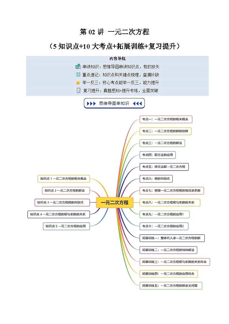 第02讲 一元二次方程（5知识点+10大考点+拓展训练+复习提升）（解析版）第1页