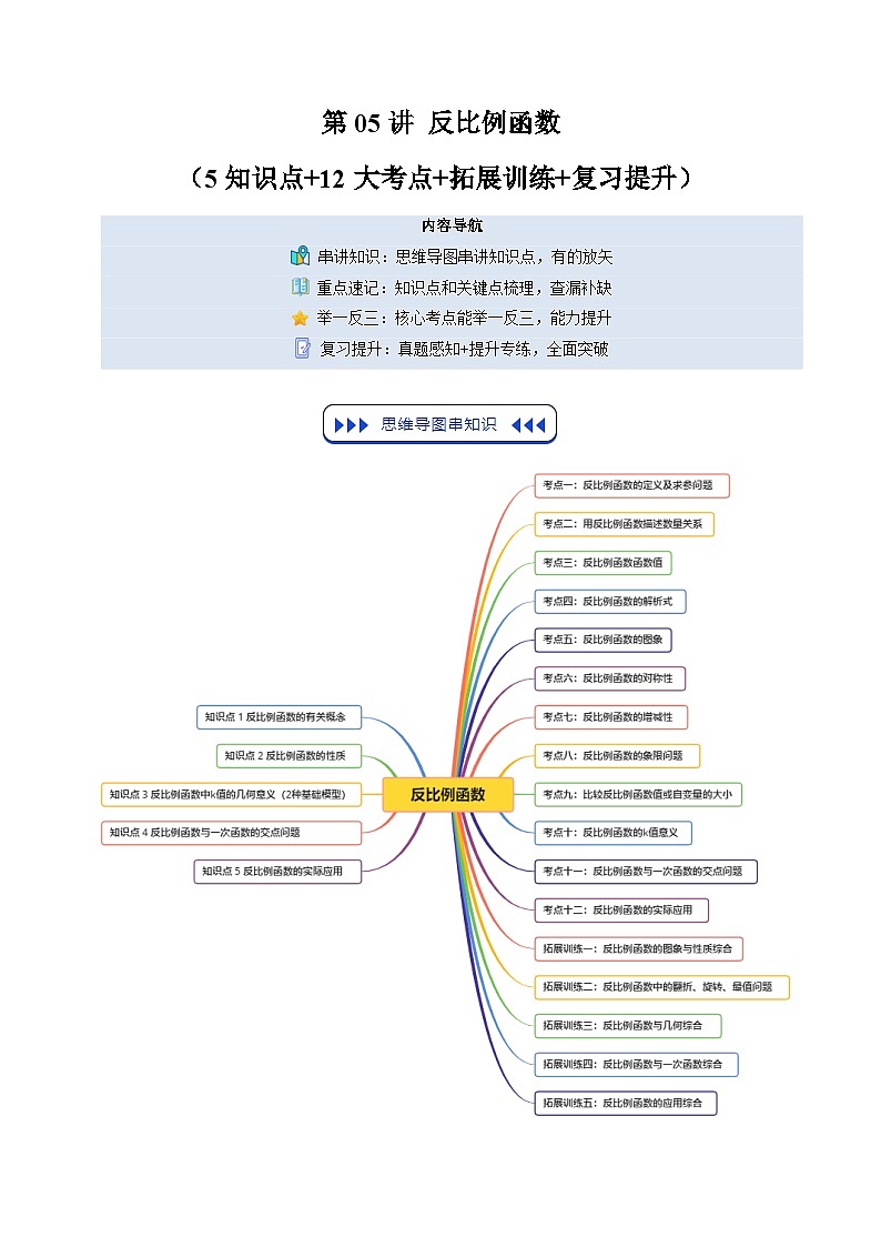 第05讲 反比例函数（5知识点+12大考点+拓展训练+复习提升）（原卷版）第1页