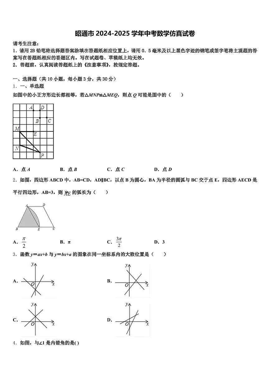 昭通市2024-2025学年中考数学仿真试卷含解析第1页