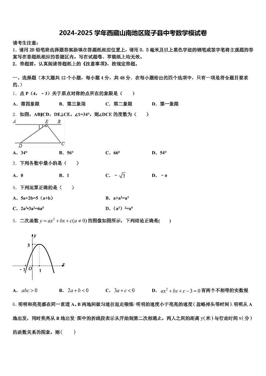 2024-2025学年西藏山南地区隆子县中考数学模试卷含解析第1页