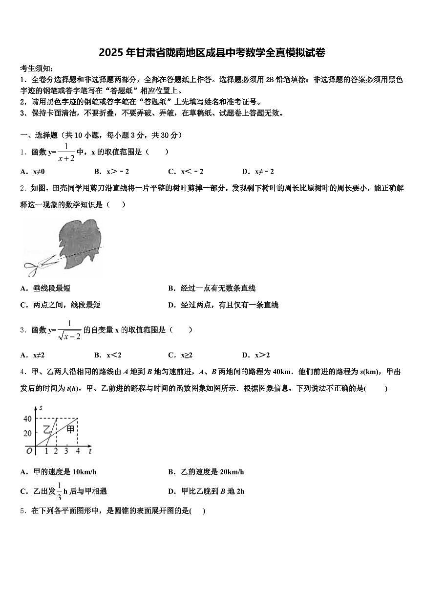 2025年甘肃省陇南地区成县中考数学全真模拟试卷含解析第1页