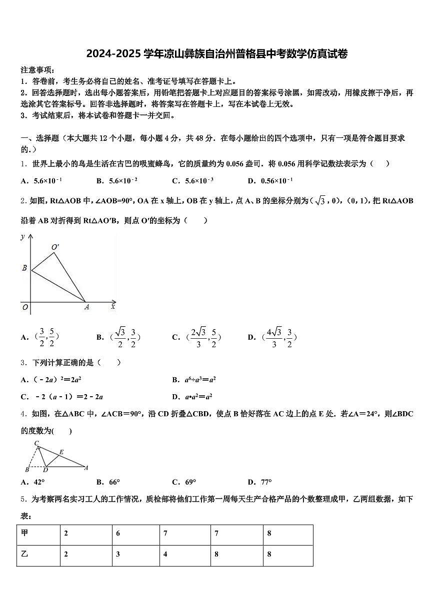 2024-2025学年凉山彝族自治州普格县中考数学仿真试卷含解析第1页