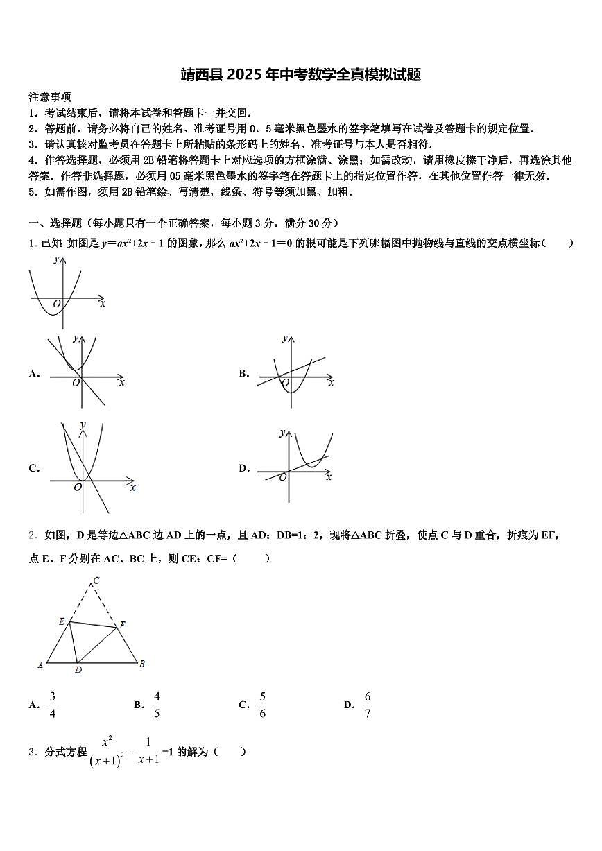 靖西县2025年中考数学全真模拟试题含解析第1页