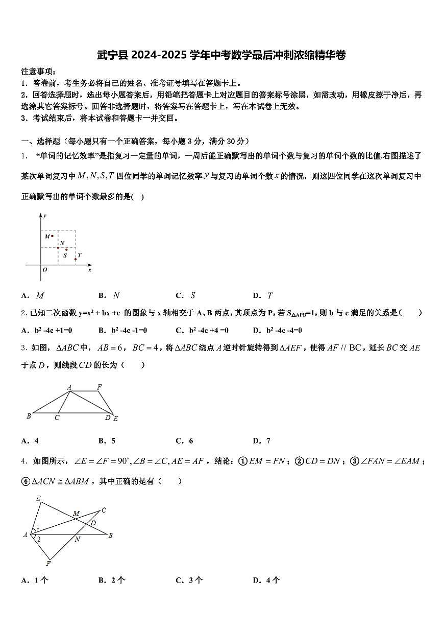 武宁县2024-2025学年中考数学最后冲刺浓缩精华卷含解析第1页